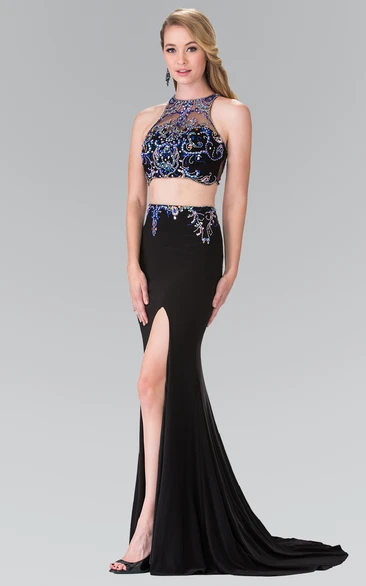 Sheath Long Jewel-Neck Sleeveless Jersey Keyhole Dress With Split Front And Beading