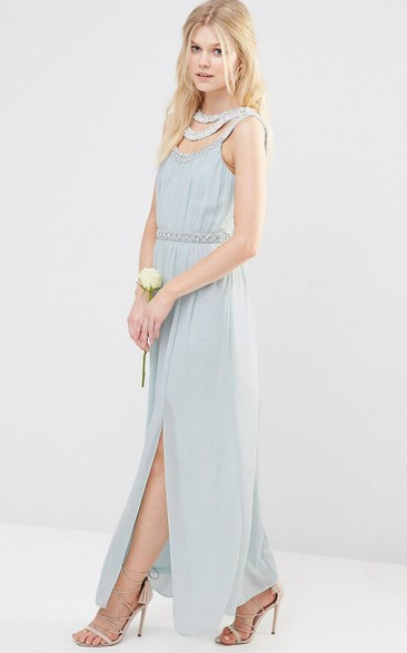 Ankle-Length Beaded Sleeveless Scoop Neck Chiffon Bridesmaid Dress With Straps