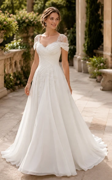 Criss-cross Cap Chiffon Empire Applique A-line Wedding Dress
