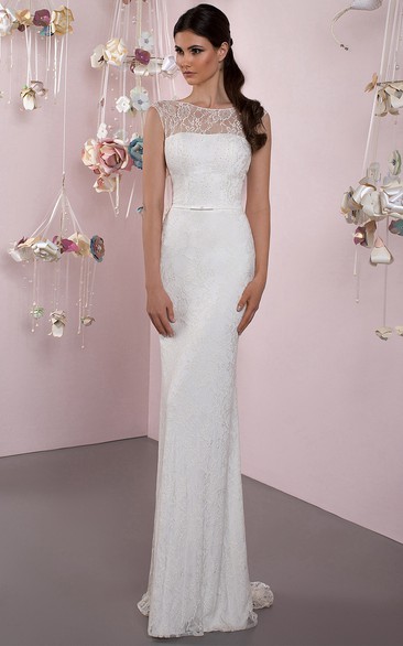 Bateau Floor-Length Appliqued Lace Wedding Dress With Brush Train And V Back