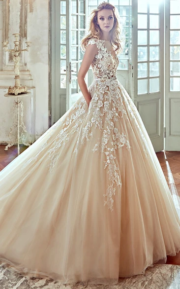 V-Neck A-Line Princess Wedding Dress With Floral Lace Appliques and Pleated Tulle Skirt