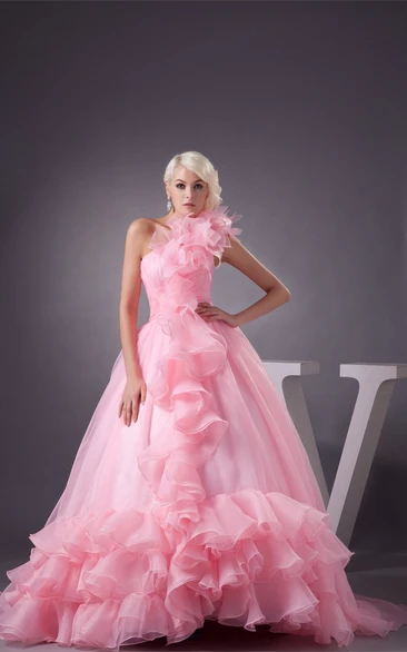 One-Shoulder A-Line Ruffled Draping and Dress With Tiers