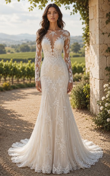 Mermaid Wedding Dress Long Sleeve High Neck Lace Floor Length Chapel Train Ivory