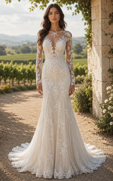 Mermaid Wedding Dress Long Sleeve High Neck Lace Floor Length Chapel Train Ivory