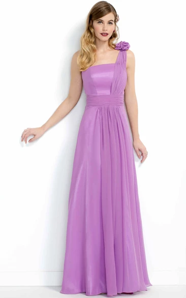 Sleeveless One-Shoulder Maxi Organza&Chiffon Bridesmaid Dress With Flower