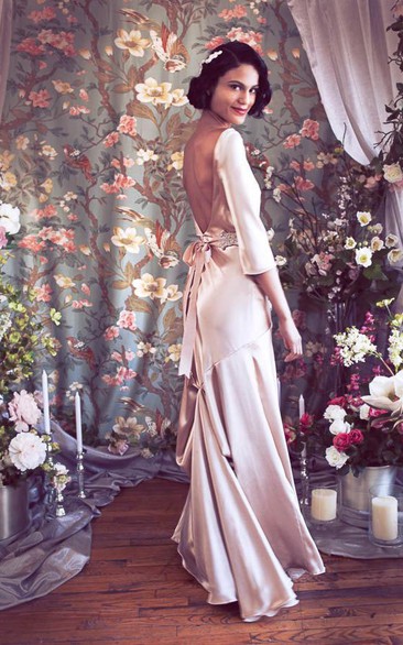 Bateau 3 4 Length Sleeve Deep V Back Satin Vintage Wedding Dress With Crystal Detailing