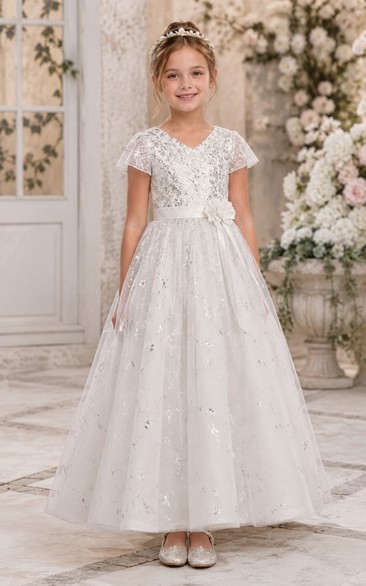 White A-Line Lace Flower Girl Dress with Appliques, Bow Sash