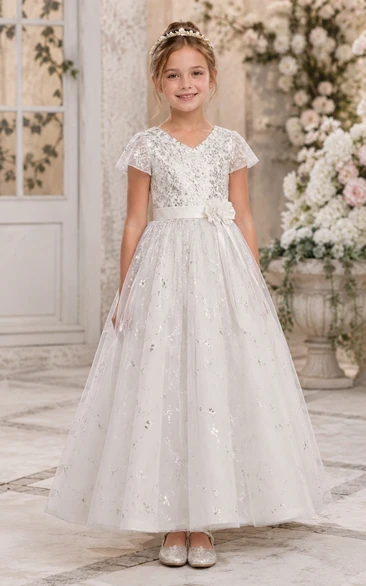 White A-Line Lace Flower Girl Dress with Appliques, Bow Sash