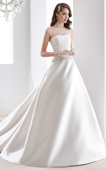 A-line Illusion Satin Wedding Dress with Beaded Belt and Keyhole Back