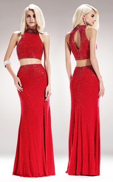 Two-Piece Sheath High Neck Sleeveless Jersey Keyhole Dress With Beading And Pleats