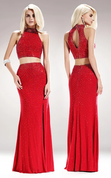 Two-Piece Sheath High Neck Sleeveless Jersey Keyhole Dress With Beading And Pleats