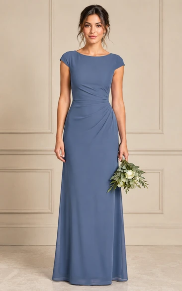 Steel Blue Bateau Short Sleeve Sheath Bridesmaid Dress
