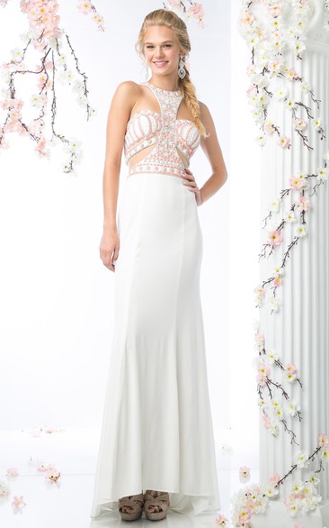 Sheath Floor-Length Jewel-Neck Sleeveless Jersey Zipper Dress With Beading