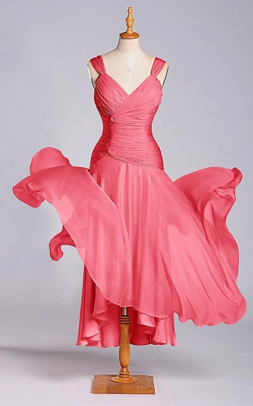 A-line Tea-Length Zipper Chiffon Dress with Dropped Waist