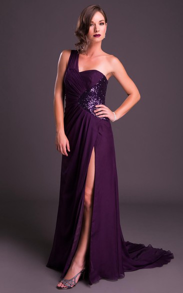 Sheath One-Shoulder Sequined Sleeveless Maxi Chiffon Prom Dress With Split Front And Ruching