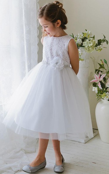 Tea-Length Floral Tiered Tulle&Lace Flower Girl Dress
