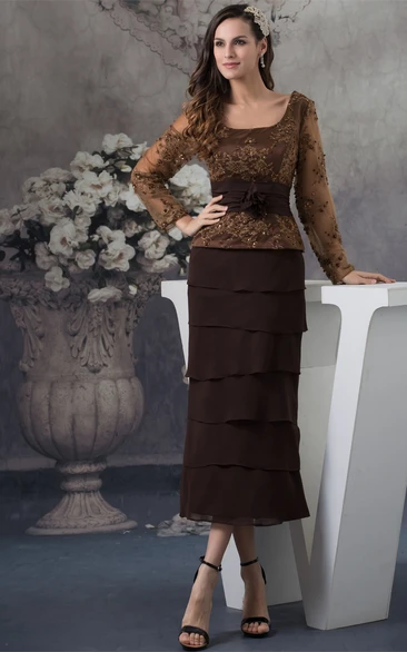 Classic Long-Sleeve Ankle-Length Square-Neck Appliques and Dress With Tiers