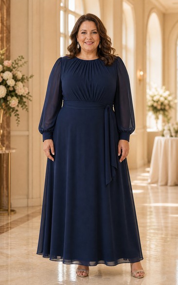 Plus Size Dark Navy Long Sleeve Chiffon A-Line Dress