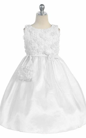 Knee-Length Embroideried Bowed Tulle&Taffeta Flower Girl Dress With Split