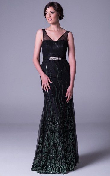 Sheath Sequined Long V-Neck Sleeveless Prom Dress With Beading