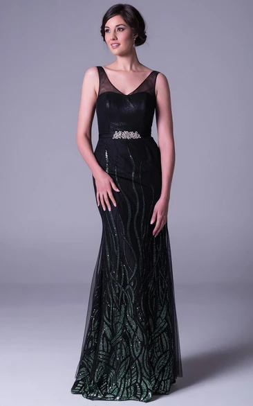 Sheath Sequined Long V-Neck Sleeveless Prom Dress With Beading