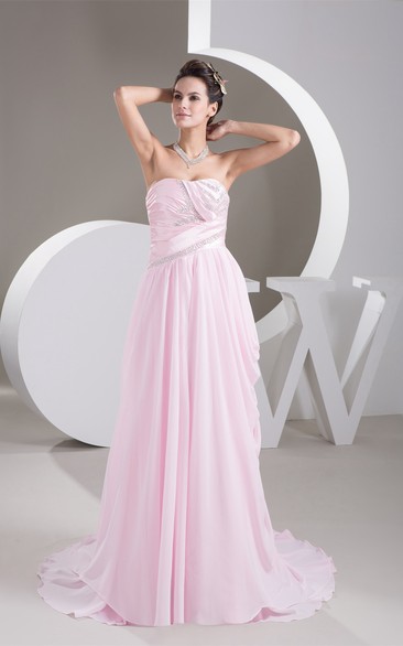Blushing A-Line Maxi Chiffon Pleats and Dress With Beading