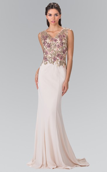 Sheath Maxi V-Neck Sleeveless Jersey Illusion Dress With Beading And Appliques