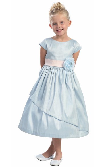 Tea-Length Floral Bowed Floral Flower Girl Dress With Sash