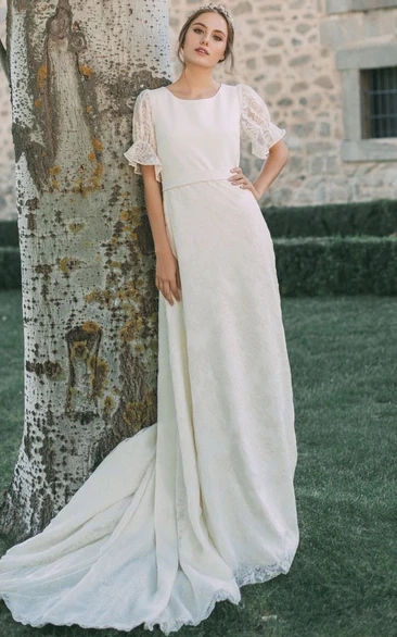 Vintage Scoop-neck Half Poet-sleeve Sheath Empire Sheath Lace Keyhole Back Wedding Dress