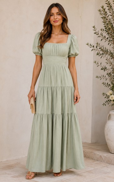 Sage Puff Sleeve Tiered Maxi A-Line Dress