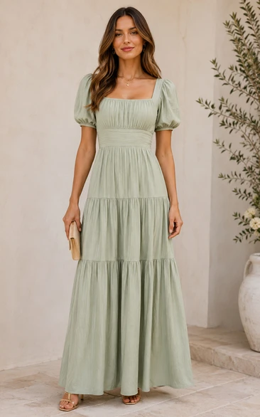 Sage Puff Sleeve Tiered Maxi A-Line Dress