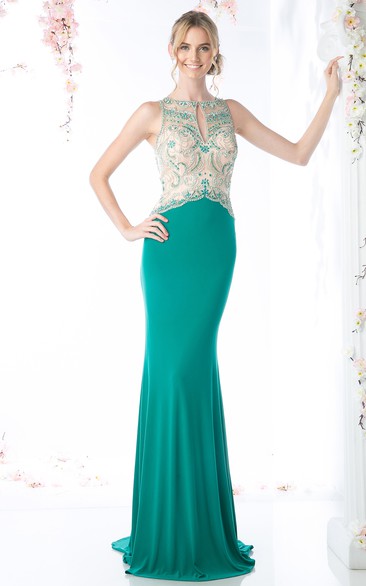 Sheath Jewel-Neck Sleeveless Jersey Illusion Dress With Beading