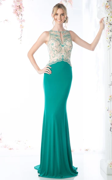 Sheath Jewel-Neck Sleeveless Jersey Illusion Dress With Beading