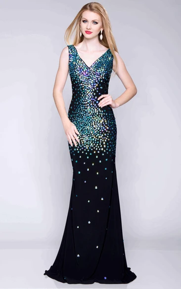 Sheath Sequined Sleeveless V-Neck Chiffon Prom Dress With Low-V Back