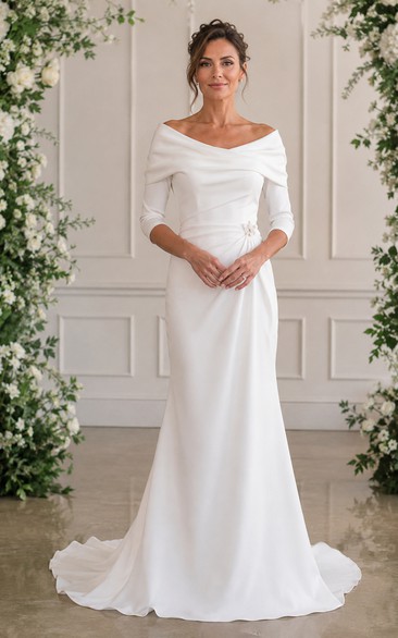 Off Shoulder Long Sleeve Sleeve Sheath Older Brides Wedding Dress