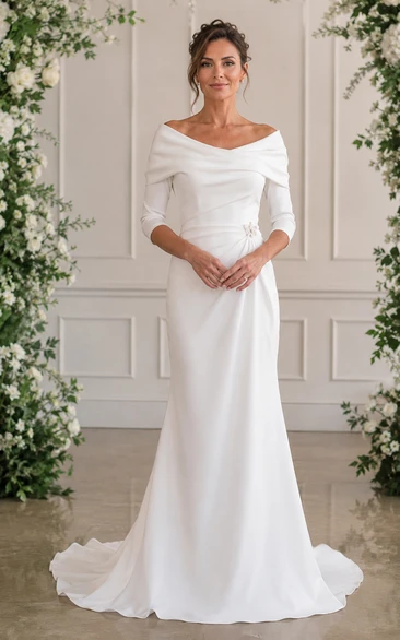 Off Shoulder Long Sleeve Sleeve Sheath Older Brides Wedding Dress