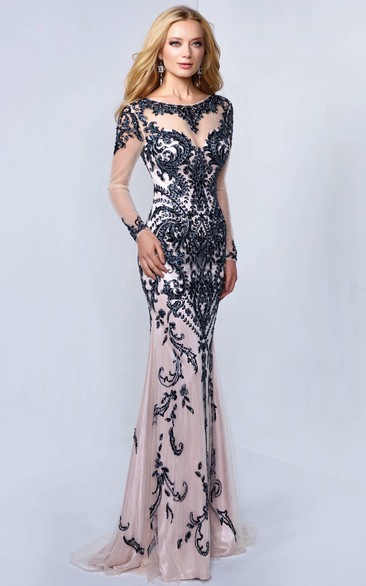 Sheath Scoop-Neck Illusion Long Sleeve Deep-V Back Dress With Beading