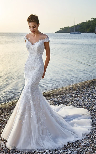 Mermaid Elegant White V-Neck Cap Lace Illusion Fishtail Wedding Dress With Appliques