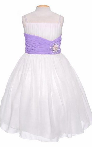 Tea-Length Spaghetti Pleated Chiffon&Sequins Flower Girl Dress With Tiers