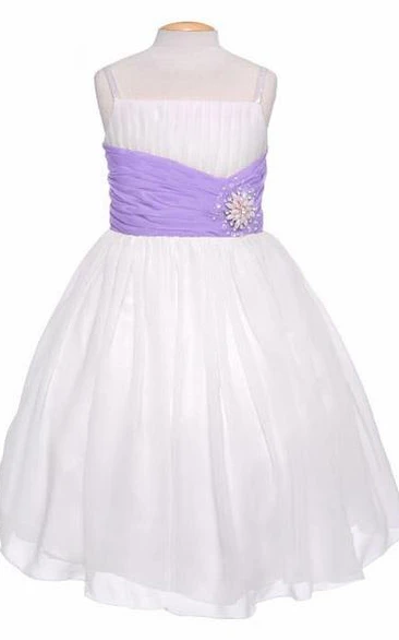 Tea-Length Spaghetti Pleated Chiffon&Sequins Flower Girl Dress With Tiers