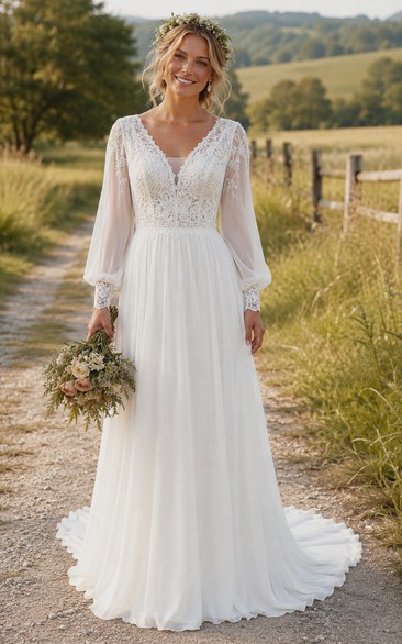 Boho V-Neck A-Line Country Wedding Dress with Poet Sleeves and Lace Bodice
