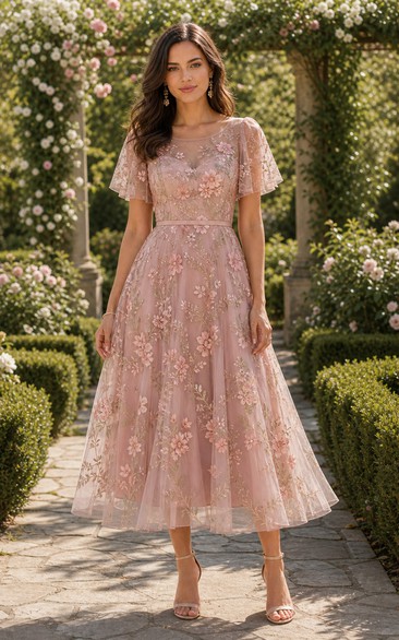 Blush Lace Flutter Sleeve Tulle Tea-length A-Line Dress