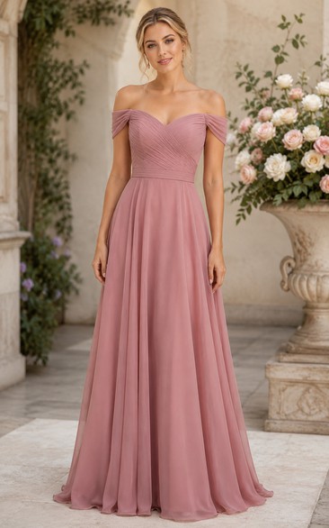 Dusty Rose Off-the-Shoulder A-Line Chiffon Bridesmaid Dress
