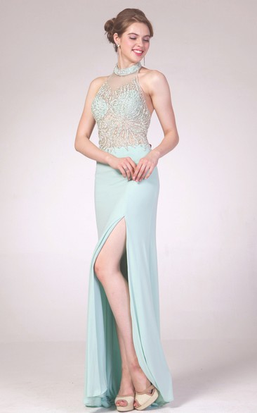 Sheath High Neck Sleeveless Jersey Backless Dress With Beading And Split Front