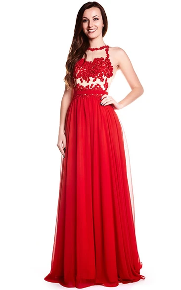 High Neck Appliqued Sleeveless Chiffon Prom Dress With Illusion Back