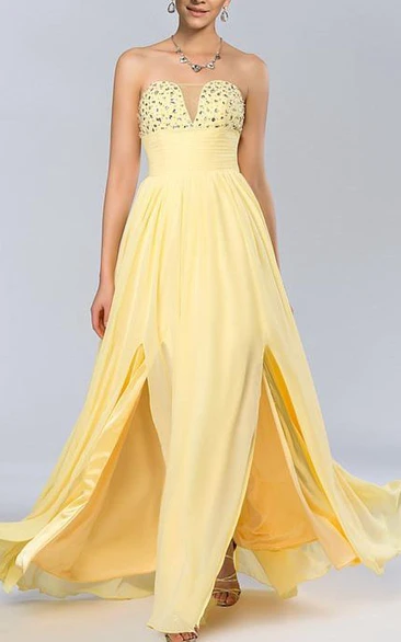 Chic A-line Strapless Beadings Floor-Length Prom Dress