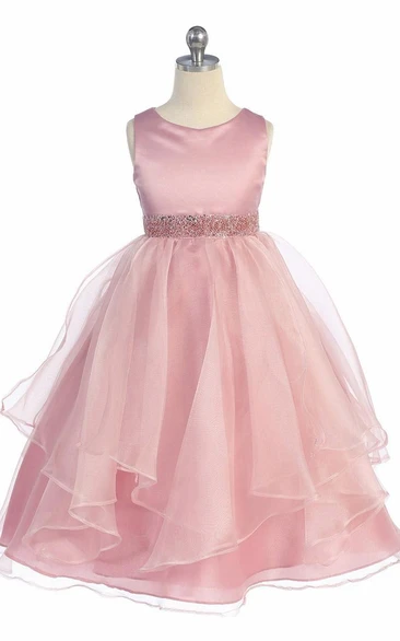 Tea-Length Tiered Beaded Sequins&Organza Flower Girl Dress With Sash