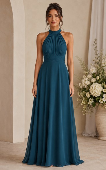 Peacock Halter Chiffon A-Line Bridesmaid Dress