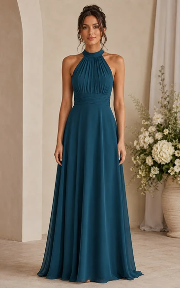 Peacock Halter Chiffon A-Line Bridesmaid Dress