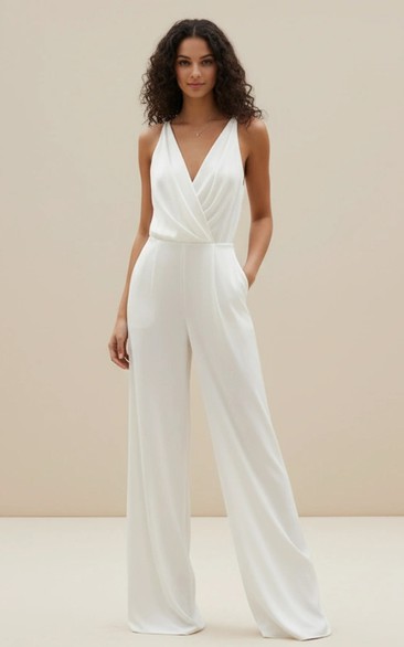 V-Neck Pleated Waist Wide Leg Wedding Jumpsuit